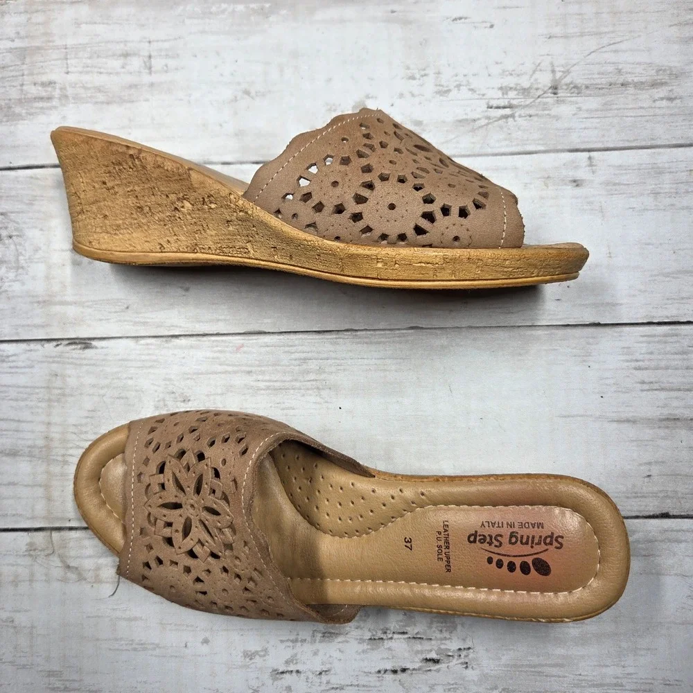Spring Step Laser Cut Floral Wedge Slide Sandals Womens 37 Tan Leather Italy